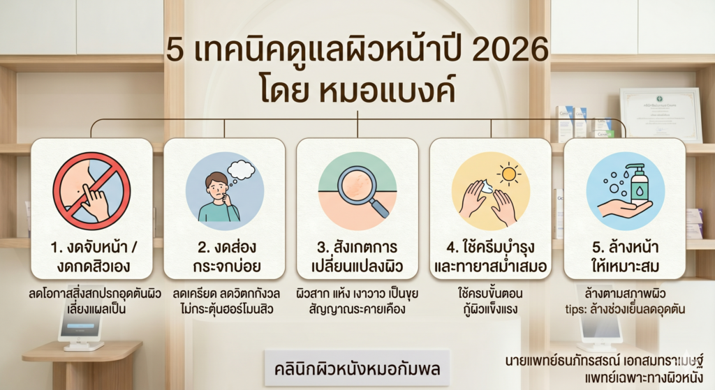 5 วิธีดูแลผิวหน้าสำหรับคนเป็นสิวฉบับอัปเดต 2026 โดย คลินิกผิวหนังหมอกัมพล